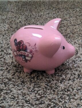 Pink Piggy Bank with Roses Las Vegas Playing Card On Other Side Accent Nevada